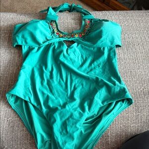 Embroidered Teal One Piece Swimsuit